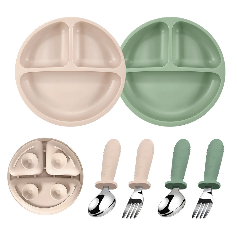 Placa de comedor de silicona para bebés 304 tenedor y cuchara de acero inoxidable, plato de ventosa, alimento complementario de tres compartidos para bebés de grado alimenticio resistente a altas temperaturas