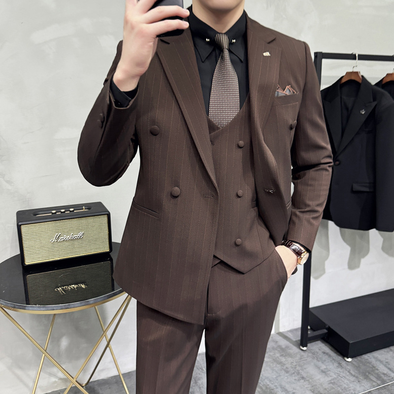 Foreign trade wholesale 2024 autumn and winter new striped men's suit double-breasted three-piece casual wedding suit suit