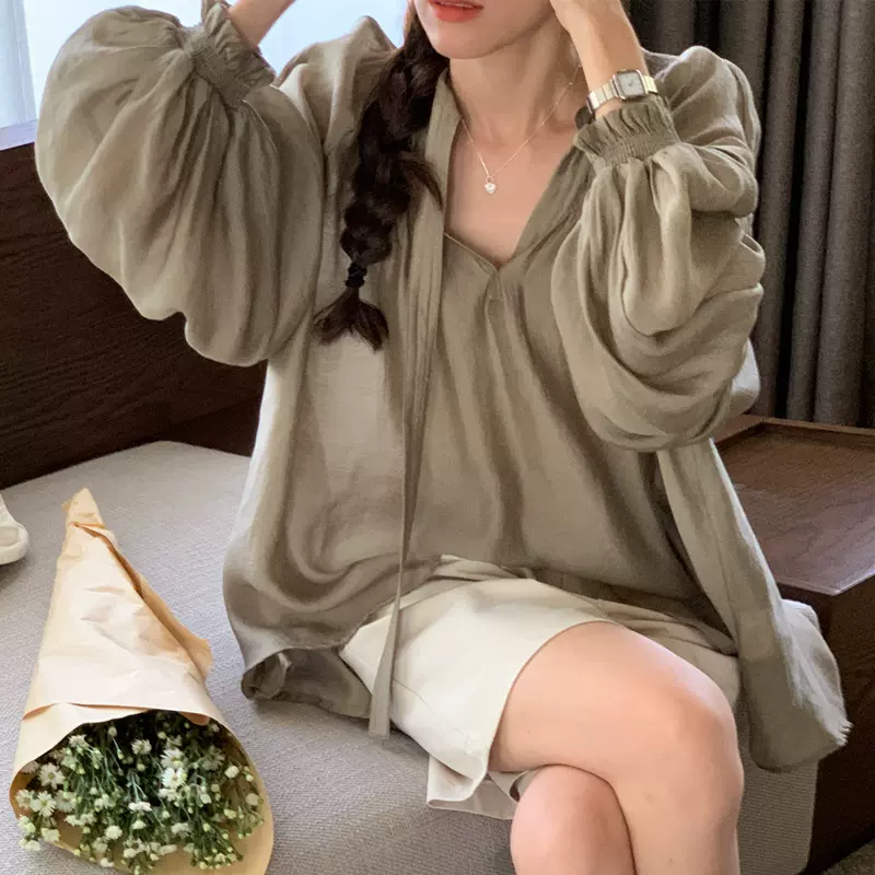 实拍 法式仙气 飘带设计褶皱花苞袖V领长袖衬衫宽松别致上衣女装