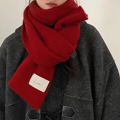 围巾女韩版加厚保暖女氛围感纯色小布标围巾简约百搭针织毛线围脖