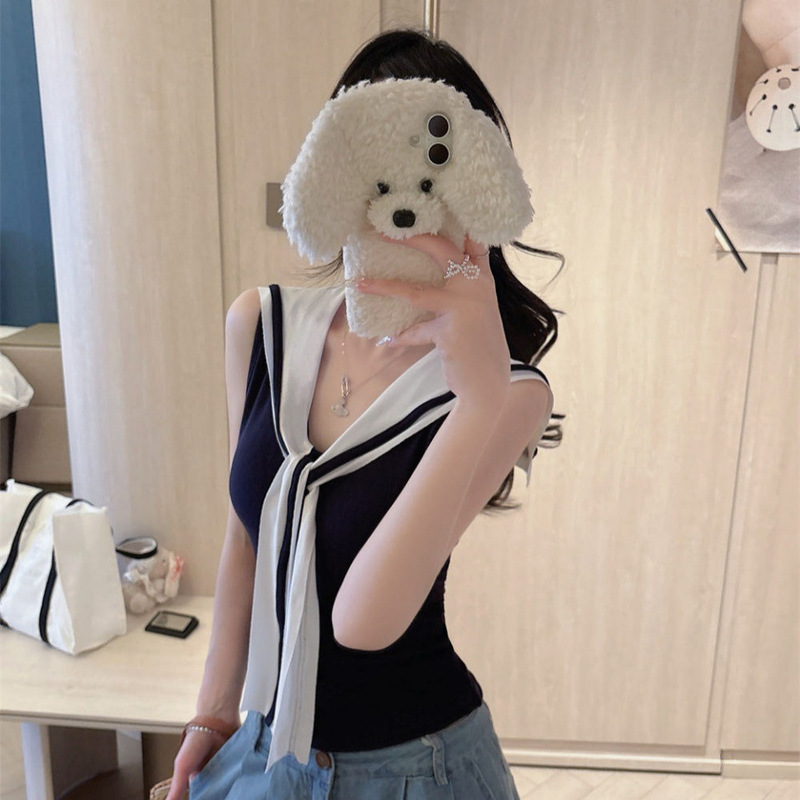 10181 # Summer New Korean Style Lapel Tie Sleeveless Vest for Women, Slim Fit All-In-One Top with Chest Pads
