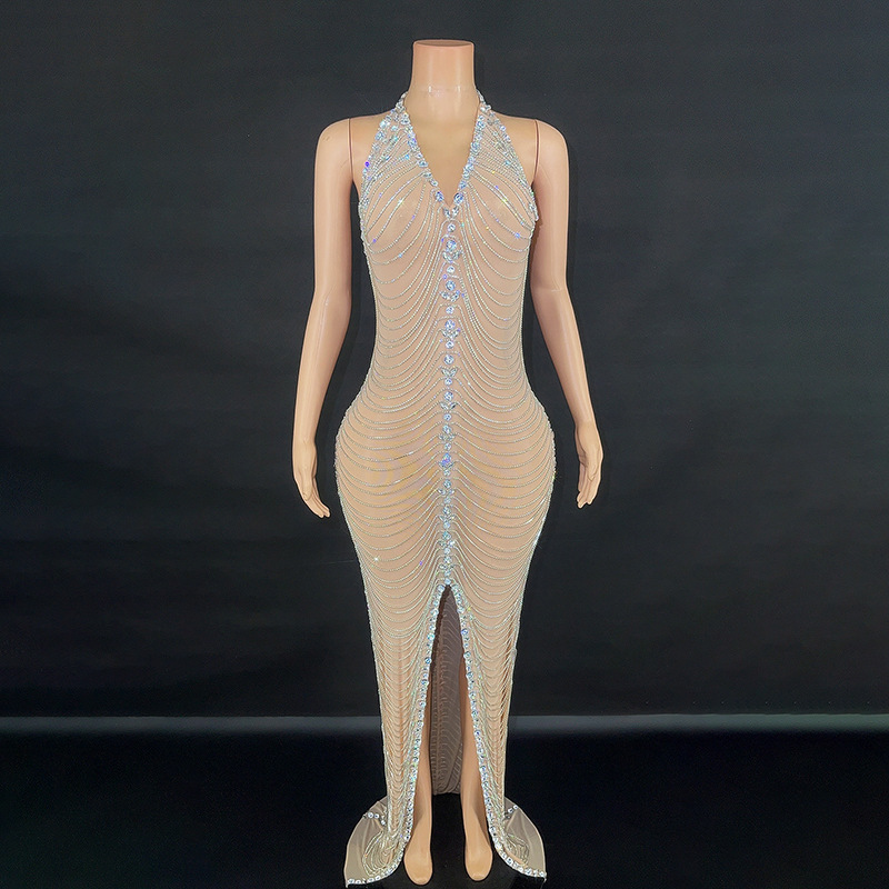 New cross-border European and American style high-end apricot mesh diamond chain sexy backless tight dress dress