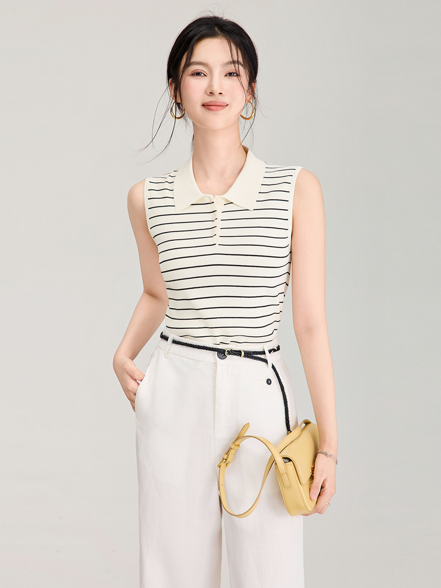 Áo vest dệt kim sợi tơ tằm cổ tròn tay ngắn mùa hè — màu đen