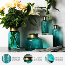 百合花瓶湖绿水立方铜圈玻璃花瓶 花插饰品工艺花器家用餐桌摆件