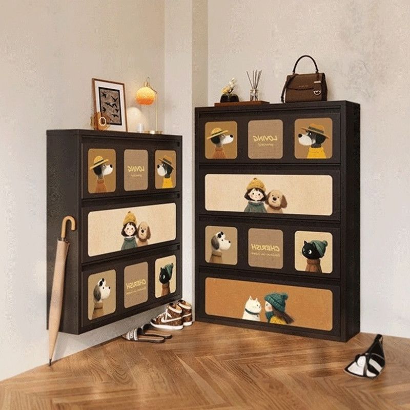 Factory Direct Sales Steel Ultra-Thin Shoe Cabinet Multi-Layer Storage Cabinet Antique Style Ultra-Thin Entrance Aisle Dust-Proof Shoe Cabinet