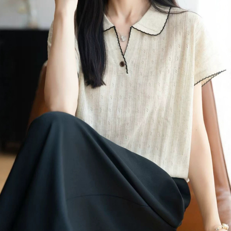 Wholesale 2026 Summer New Vintage Linen Short-Sleeve Doll Collar Hollow-Out Knit Top with Contrasting Edges Versatile Blouse