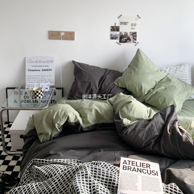 Japanese-Style Minimalist Artistic Double-Color Solid Color Duvet Cover Four-Piece Bedding Set Dormitory Bed Wholesale