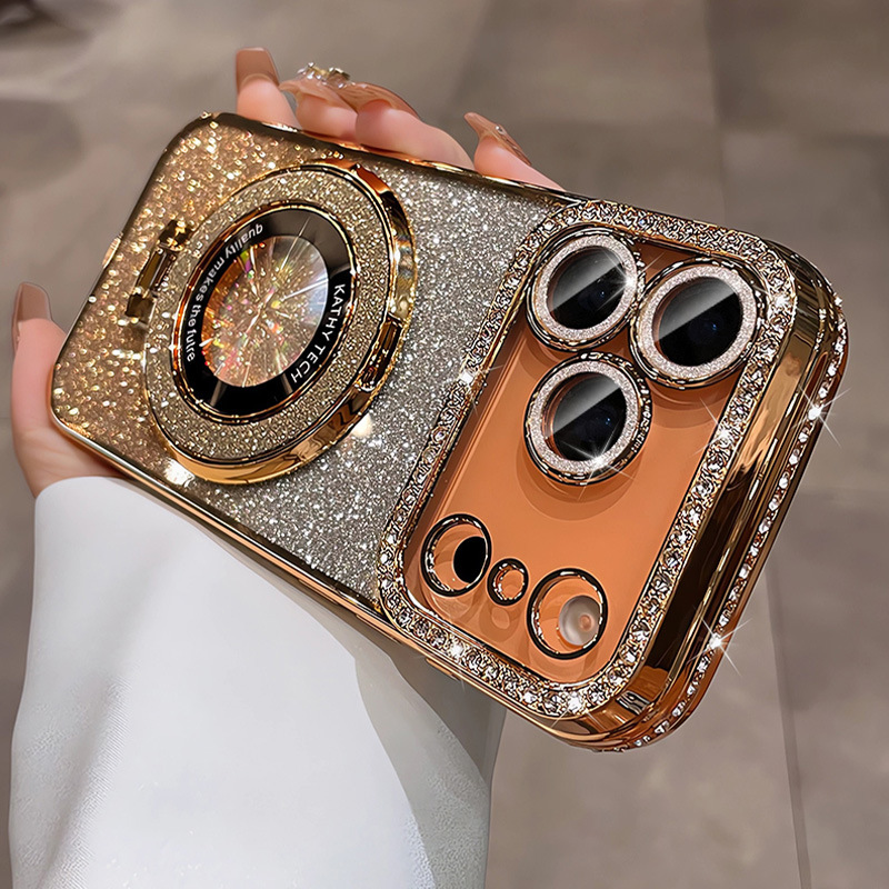 Soporte de succión magnética para iPhone17 caja de teléfono con brillo degradado 16Pro diamante de imitación galvanoplastia 13 funda protectora diamante