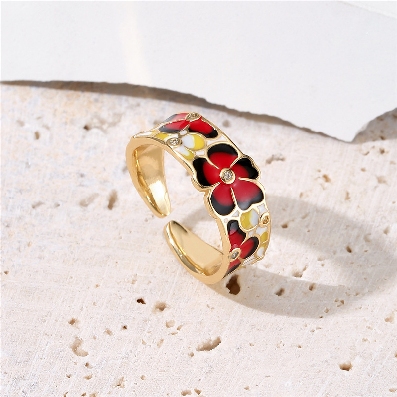 European And American Fashion Copper Micro-inlaid Zircon Jewelry New Oil Drop Flower Opening Ring Adjustable display picture 4