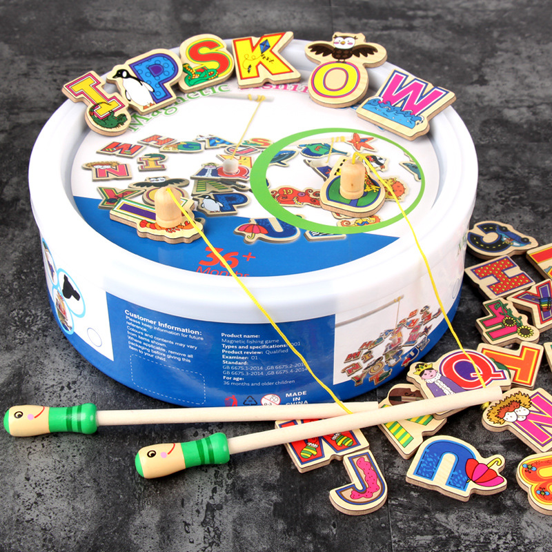 Bebé niños y niñas niños pequeños traje de pesca magnética agua jugando rompecabezas de madera pesca bloques de construcción juguete imán gancho de pescado
