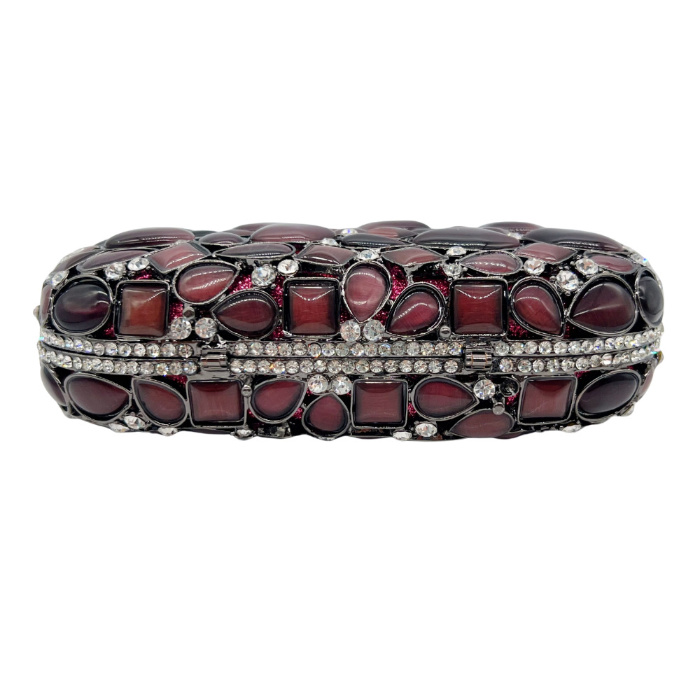 Túi clutch nữ cầm tay dạ tiệc đính đá mắt mèo kim loại rỗng phong cách Âu Mỹ — Màu hồng, màu đỏ tía, Cá tính đặt làm chi tiết 4