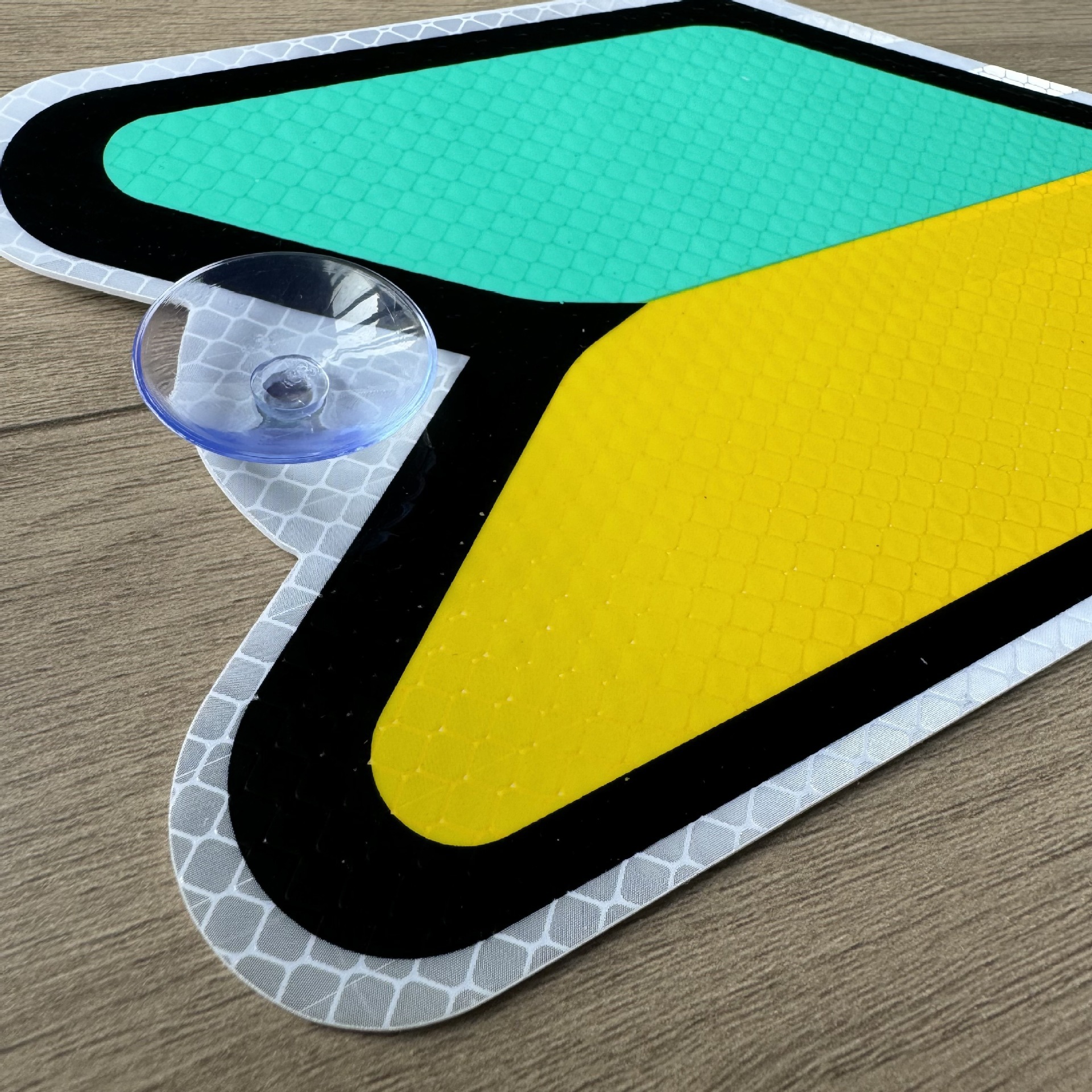 Placa de conducción de seguridad de automóviles transfronterizos, placa de advertencia de vidrio de hoja verde amarilla con ventosa