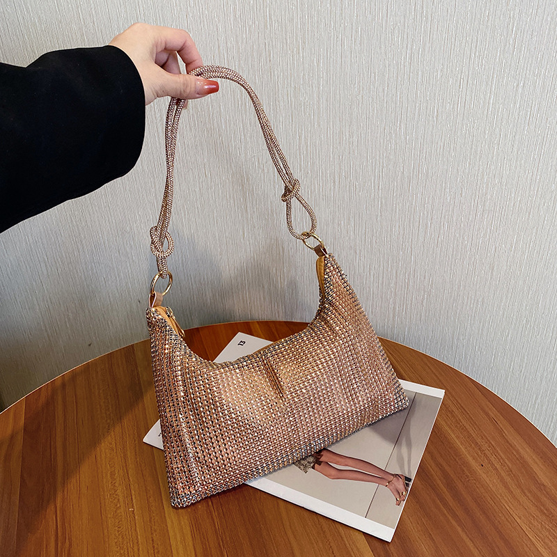 Ready Stock Cross-Border European & American Sparkling Rhinestone Zipper Knot Underarm Bag Crescent Shoulder Bag Women's Diamond Evening Bag - Thumbnail 2