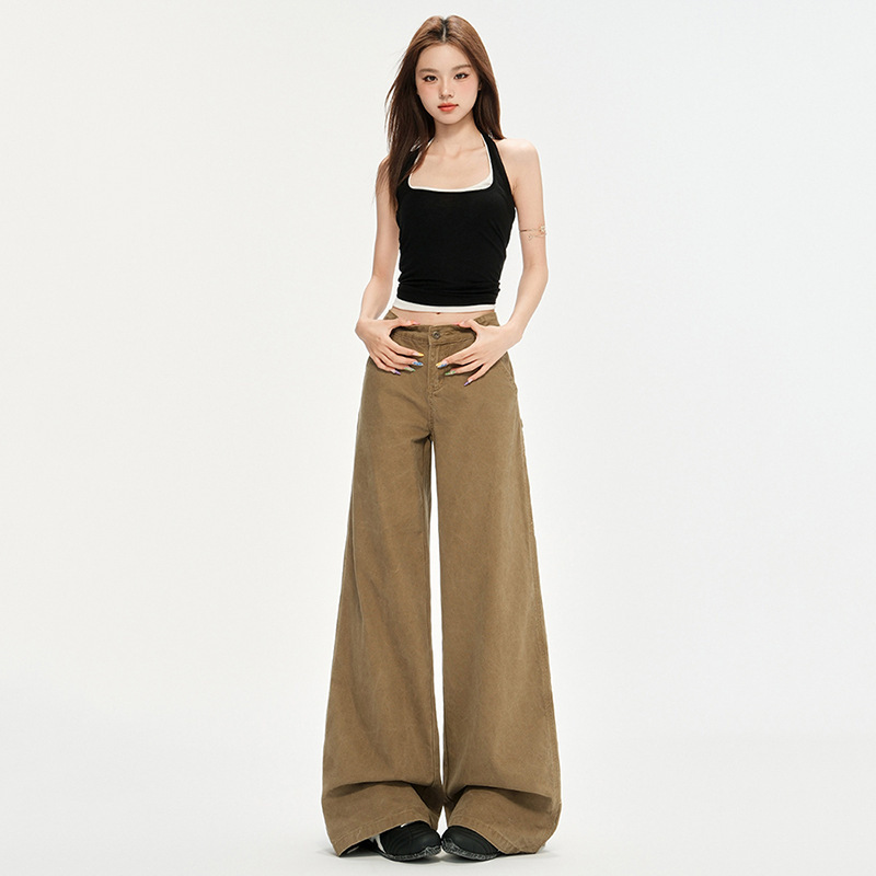 美式直筒牛仔裤女秋季新款辣妹设计感时尚宽松显瘦垂感阔腿拖地裤|undefined