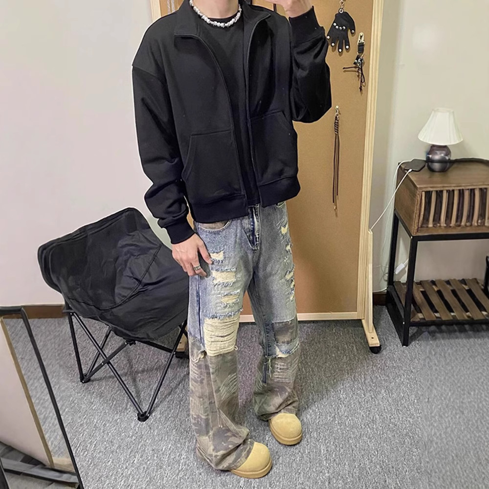 American Retro Fake Two-piece Jeans Design Sense Premium Camouflage Splicing Ripped Men's Cleanfit Straight Pants_viptrois.com
