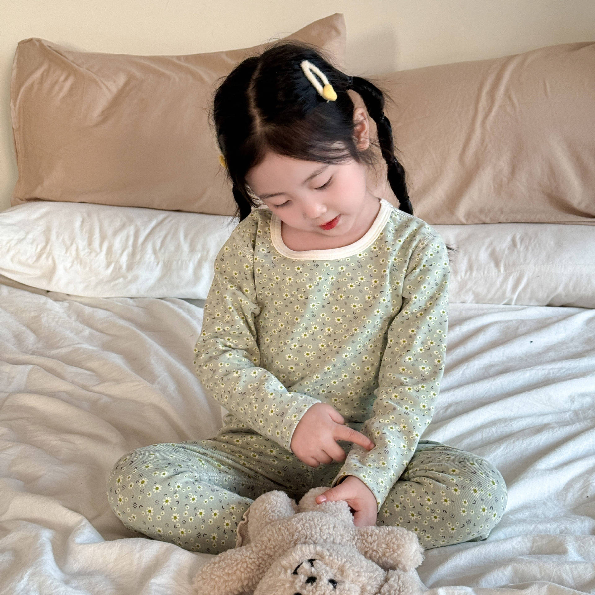 300g Children's Brushed Velvet Autumn Clothes Set, Boys and Girls Pure Cotton Seamless Loungewear