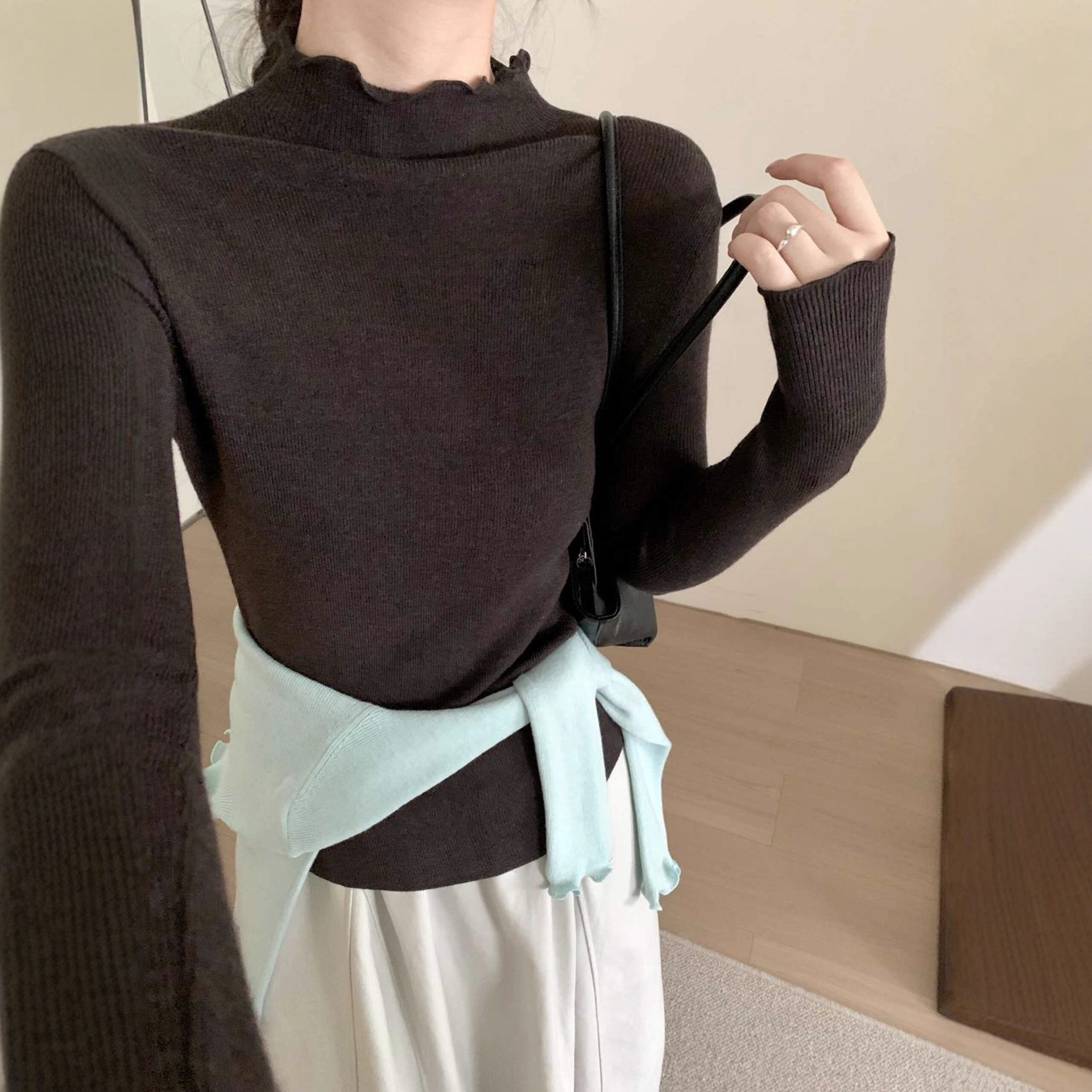 （含5.2羊毛）韩系简约亮色系修身显瘦中高领木耳边女秋冬打底衫