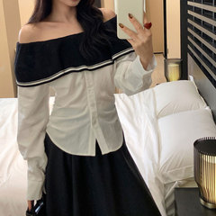 十三行法式撞色一字肩长袖衬衫女秋修身设计感露肩显瘦气质上衣