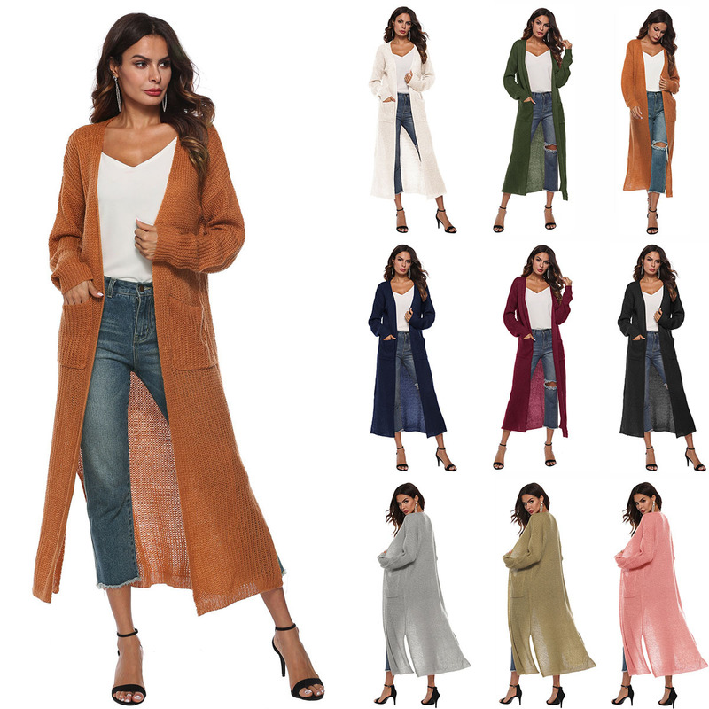 Mohair cardigan cross-border European and American wool cardigan autumn women's coat split large pocket thin coat long multi-color