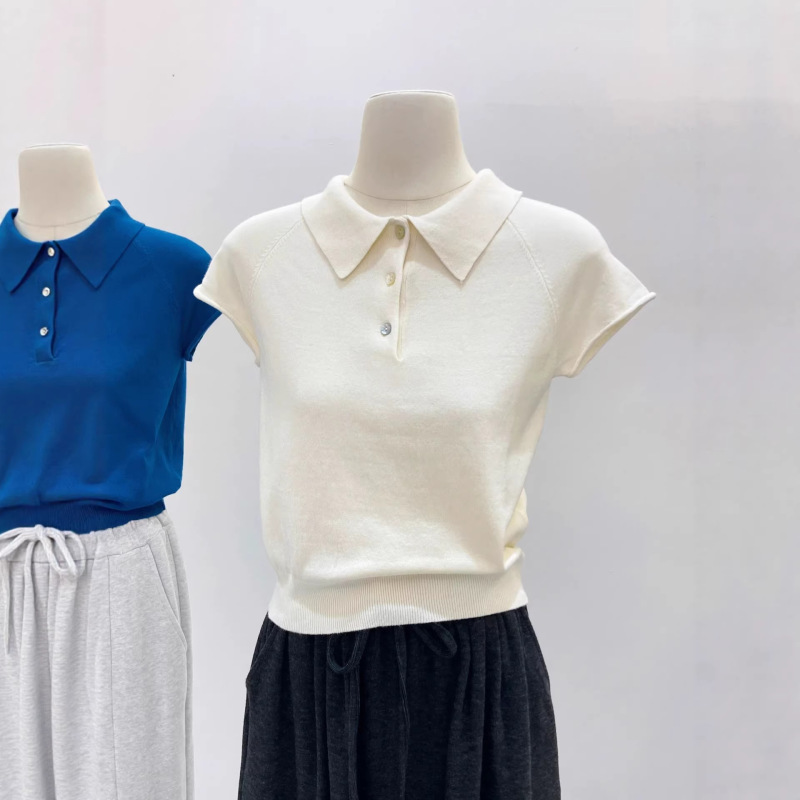 Klein Blue Polo Collar Short-Sleeve Knit Top for Women, Summer 2026 New Style, Fresh and Super Stylish T-Shirt