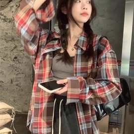 原版质量2024春秋季女韩版复古港味POLO领学生格子宽松外套衬衣