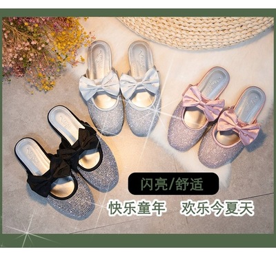 批發新款韓版兒童涼鞋水鑽蝴蝶結公主懶人女童鞋拖鞋中大童2021