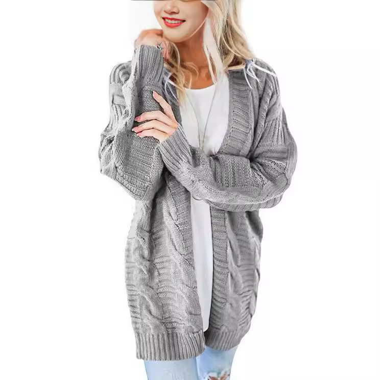 Autumn and winter New Amazon twist cardigan European and American style solid color mid-length thick line sweater sweater for women