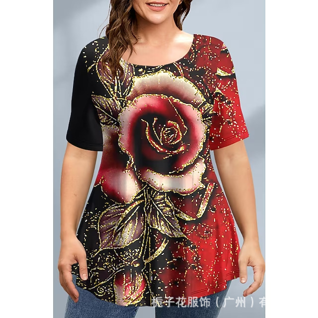 Amazon Cross-border Source Women's T-shirt Printed Short-sleeved Holiday Weekend Basic Round Neck Long T-shirt Printed Large Size Summer