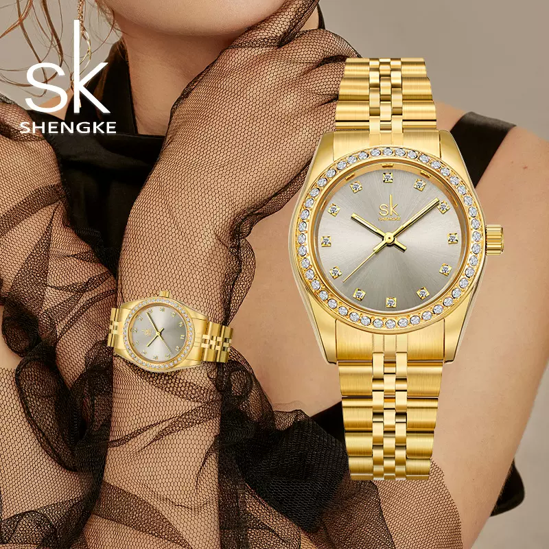 SK女士手表女钢带腕表商务轻奢时尚防水镶钻石英表跨境0156