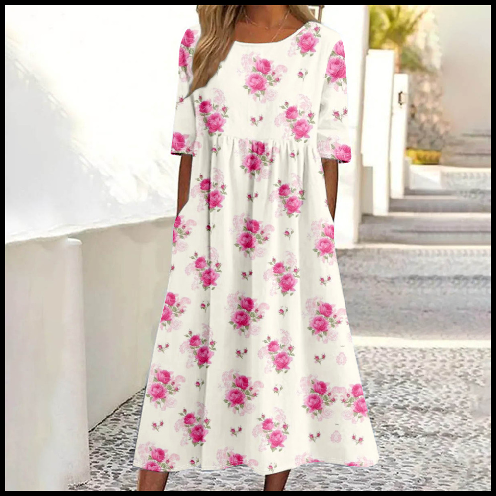 Women's Mid-Waist Summer Casual Round Neck Printed Flared Dress_ecoleips.com