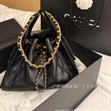 外贸广州高版小香风25cbag嬉皮抽绳hobo腋下包菱格水桶真皮单肩女