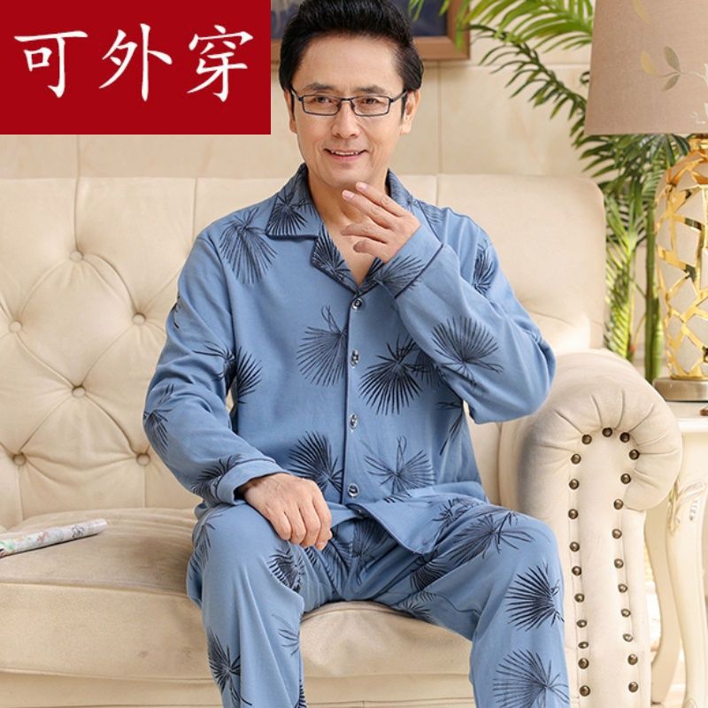 Pijamas de hombre primavera y otoño de mediana edad 100% algodón de manga larga de mediana edad y anciano papá más tamaño traje de homewear