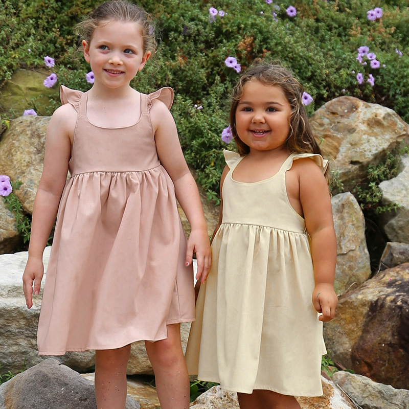 Girls' Clothing, Small Flying Sleeve Vest Skirt, Summer Pure Cotton Casual Backless Dress, European and American Style Little Angel Suspender Skirt