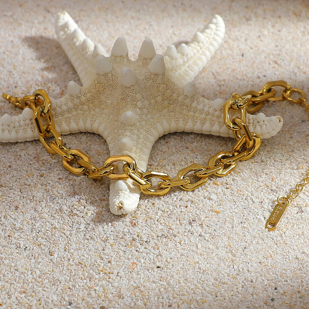 PVD Coated Gold Plating Process Real Gold Plated Plating Material PVD Coated Real Gold Plated Geometric Heart Shape Solid Color Titanium Steel Retro Waterproof Non Tarnish Titanium Steel Bracelets