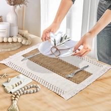 亚马逊棉麻绳餐垫节日餐具垫编织拼色条纹流苏碗垫现货批发餐巾