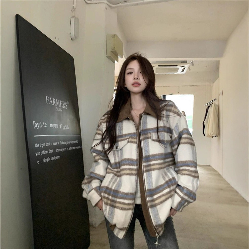 小香风复古格子西装毛呢外套女款春秋款夹克灯芯绒拼接宽松BF上衣|undefined