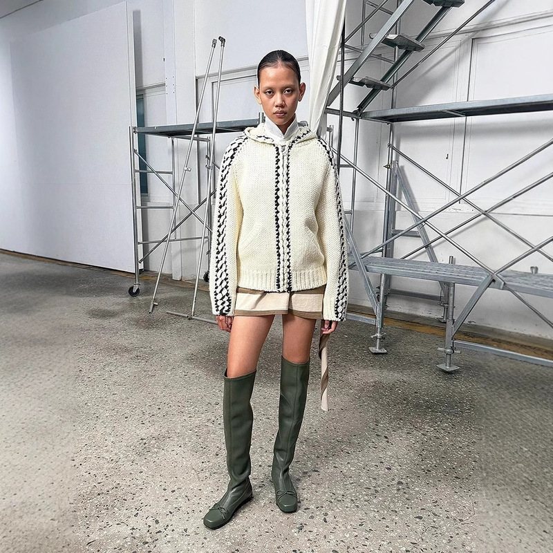 [Special Offer in Stock] Open Yy26 Spring and Autumn Design-Inspired Patchwork Hooded Knit Jacket Brown/Off-White Sweater