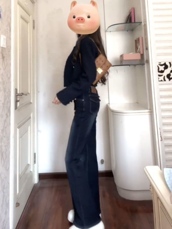 高个子加长深蓝复古高腰微喇牛仔裤女显瘦修身弹力拖地马蹄裤子潮|undefined