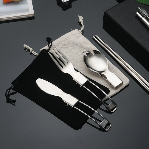 304 stainless steel folding knife, fork, spoon, outdoor camping portable tableware, portable salad spoon, chopsticks and straw set