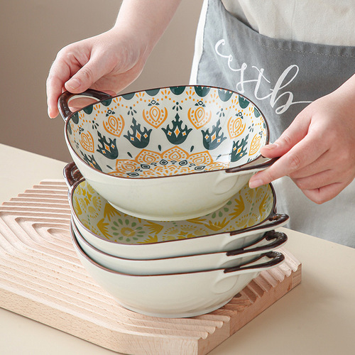 Modern Bohemian Underglaze Ceramic Double-Handle Shaped Bowl | Home & Dining | Internet-Famous Baked Rice Bowl for Restaurants | Stir-Fry, Noodle, and Soup Bowl