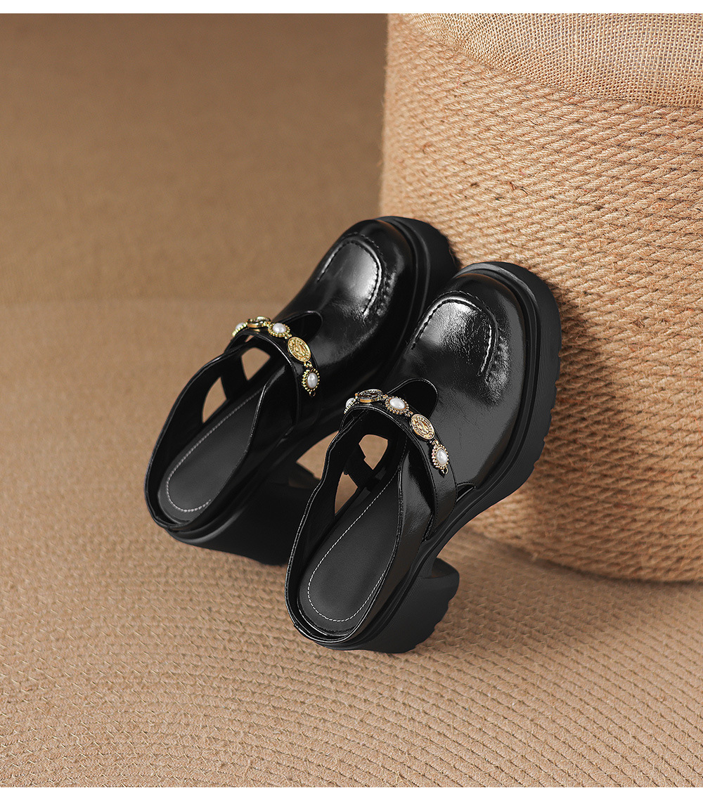 Mule nữ da bò bít mũi đế dày gót cao 9 cm khóa kim loại — màu đen, màu trắng ngà chi tiết 13