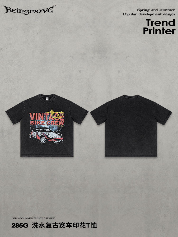 Calle secada| Nuevo estilo americano High Street Retro hacer viejo lavado con agua de manga corta suelta impresión de carreras batíquicas de hombro camiseta