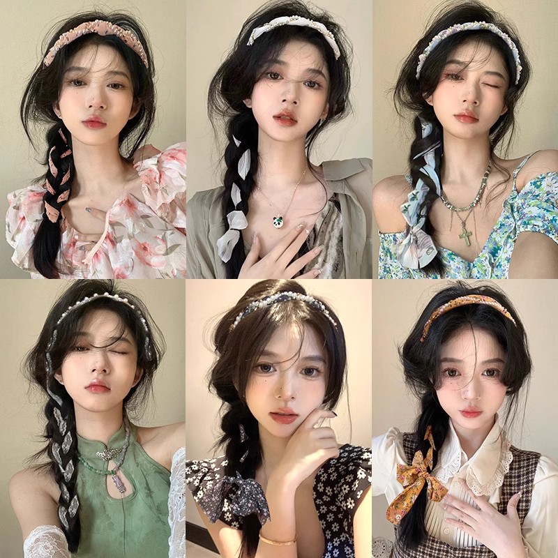 2025 nueva cinta de perlas de la familia de Mori en una banda de cabello para mujeres de alta sensación de trenzado correa de cabello de presión de cabello tarjeta de cabello cabeza