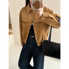 实拍~法式复古宽松仿麂皮绒棒球服上衣女休闲百搭帅气机车外套2色