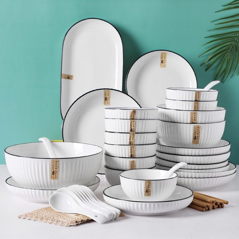 Bowl and Plate Set, Bowl and Chopsticks, Rice Bowl, Plate, Household Combination, High Aesthetic Value Tableware, Ceramic Tableware, Simple Anti-Scald Bowl and Plate Set
