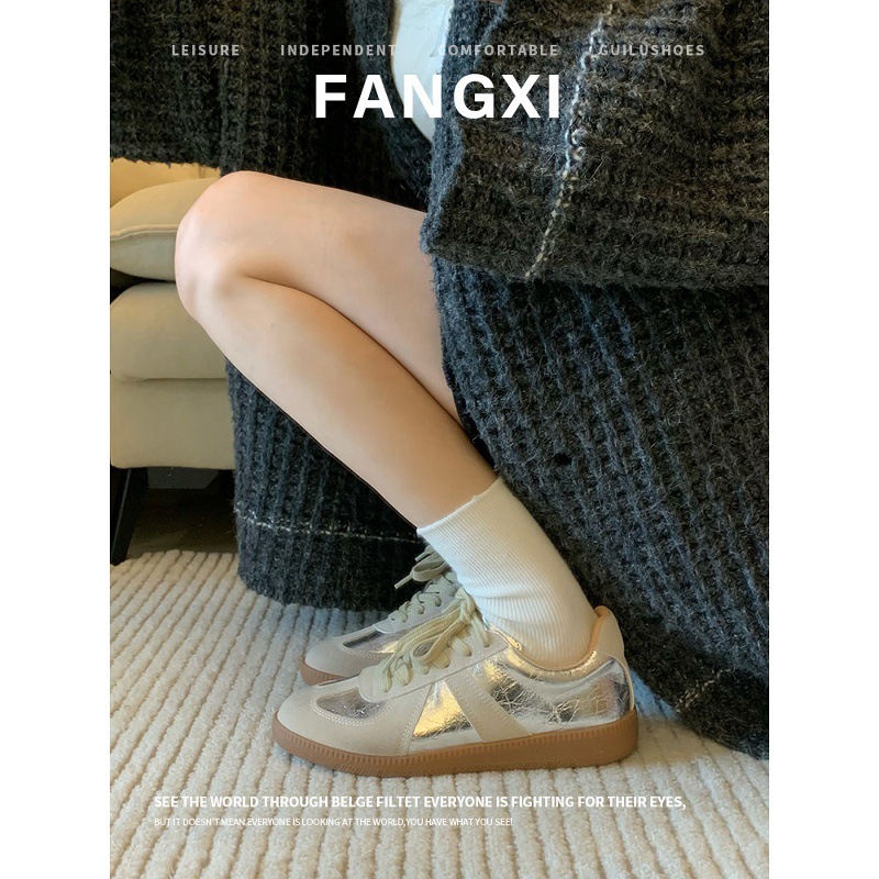 牛皮版新款复古百搭银色真皮德训鞋女平底板鞋系带运动鞋休闲鞋子|undefined