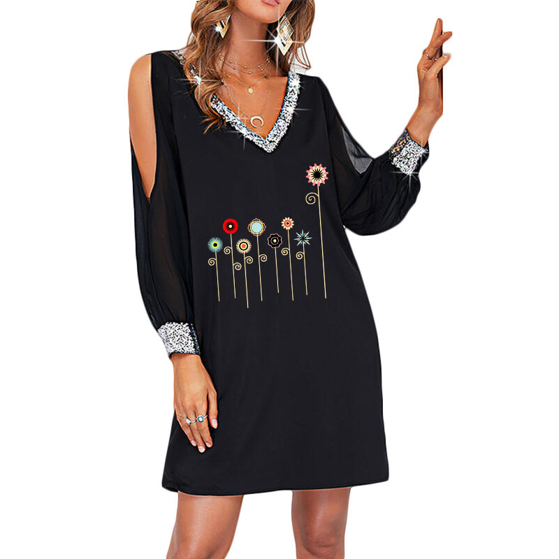 2022 European and American New Women's Floral Printed Sequin Stitching Deep V-neck Cold Shoulder Sleeve Side Pocket Casual Dress