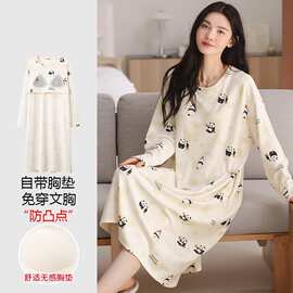 【带胸垫】春秋新款纯棉女长袖睡裙印花休闲女家居服图片色有吊牌