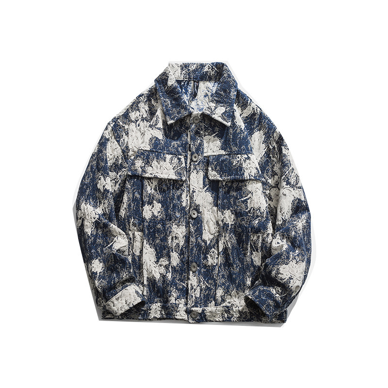 Otoño nueva moda nacional High Street pareja azul y blanco pintura al óleo pesada suelta Chaqueta corta para hombres