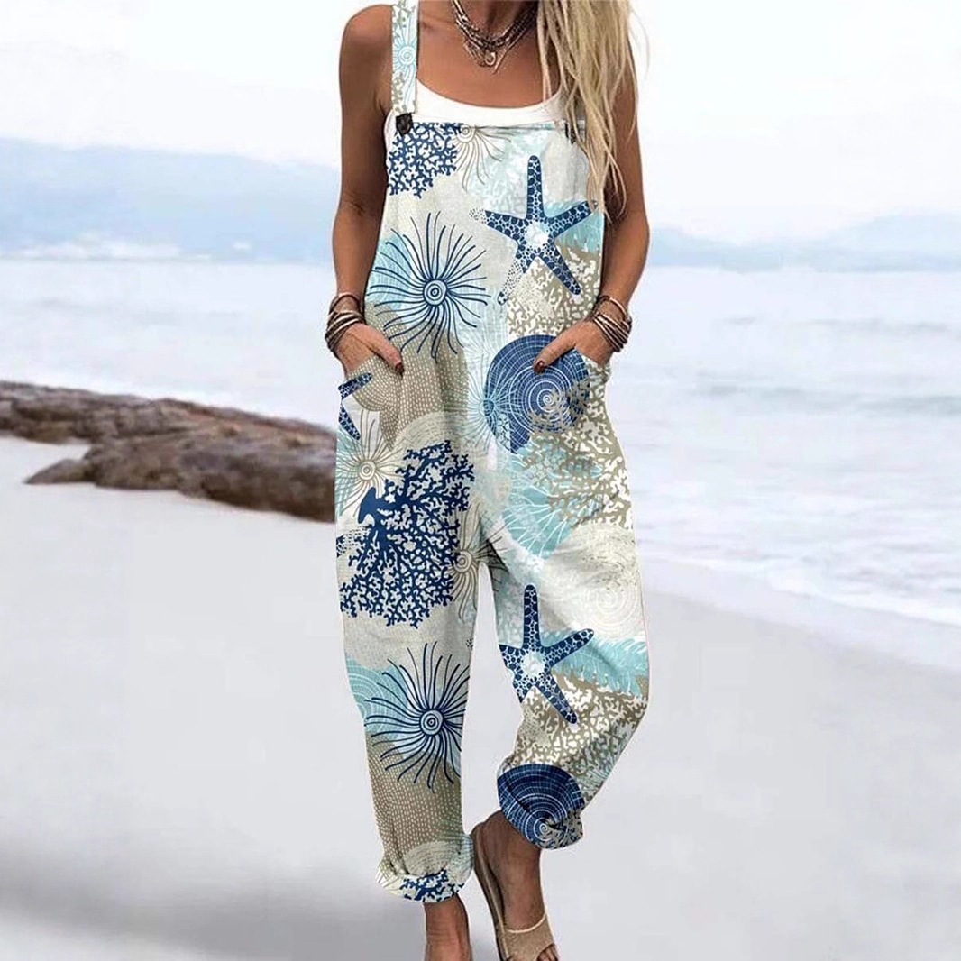 Cross-border European and American casual women's clothing Amazon suspender sleeveless fashion loose jumpsuit foreign trade clothing ocean theme